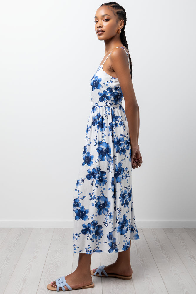 Floral Fit And Flare Dress Blue And White