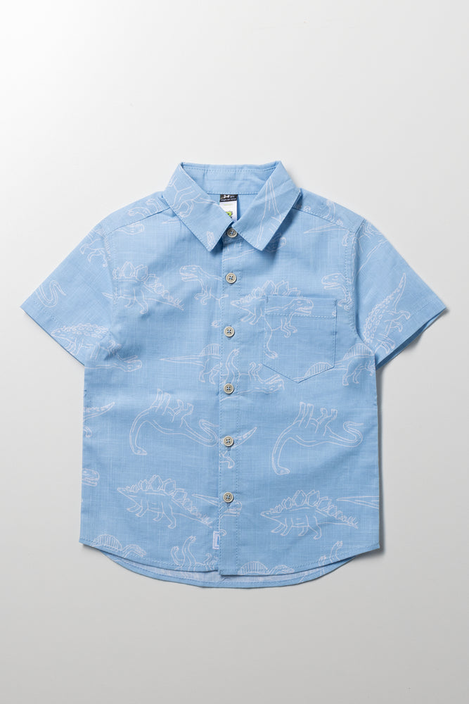 Short Sleeve Linen Blend Shirt Blue