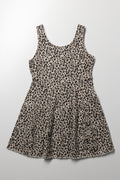 Animal Print Flare Denim Dress Brown