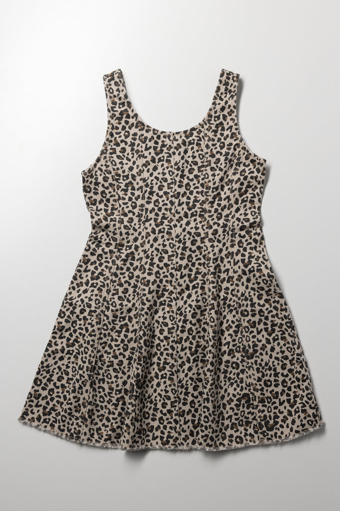 Animal Print Flare Denim Dress Brown