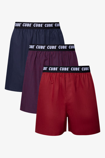 3 Pack Woven Boxers Navy And Burgundy