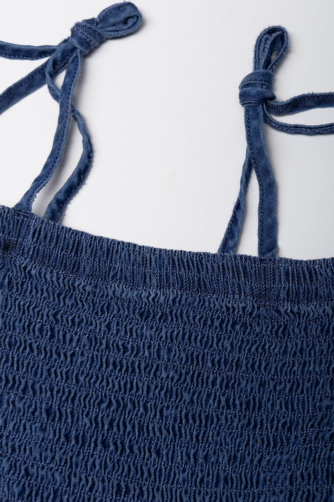 Smocked Tie Strap Denim Top Blue (1)