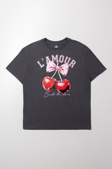 Oversized T-Shirt with Cherry Print Charcoal