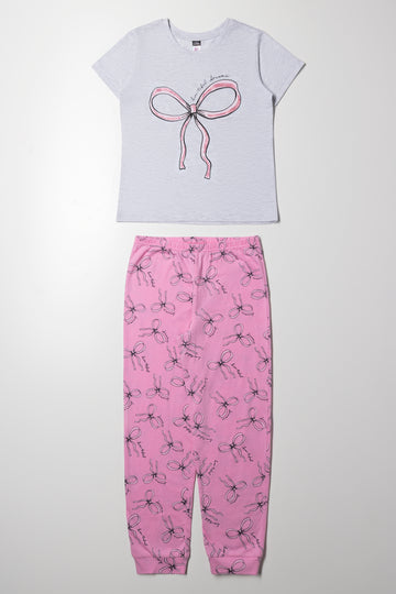 Bow Pyjama Set Grey And Pink