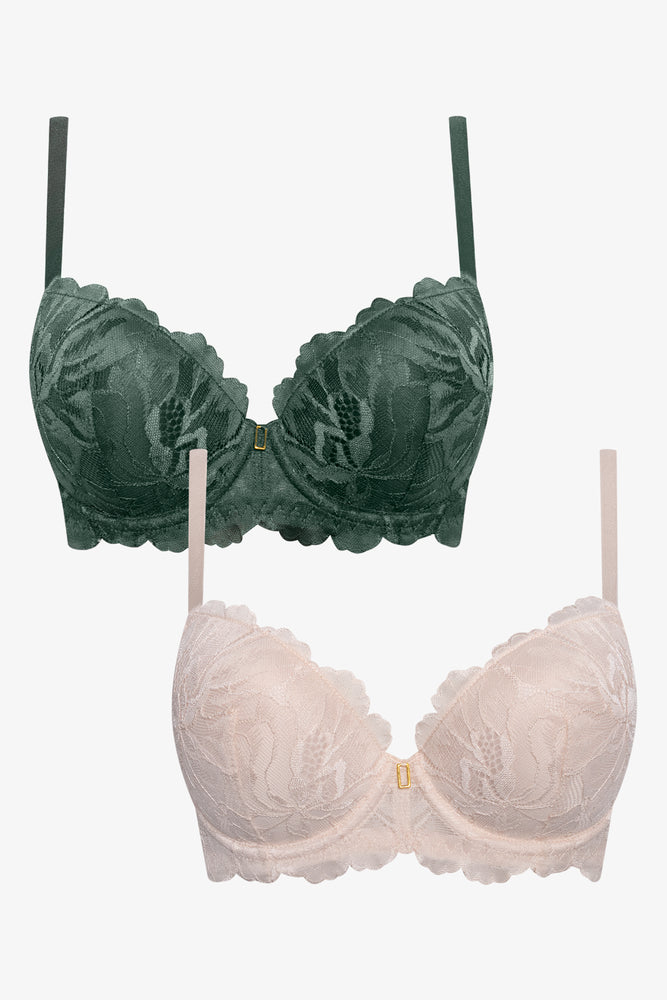 2 Pack Lace Balconette Bra Green And Natural (1)