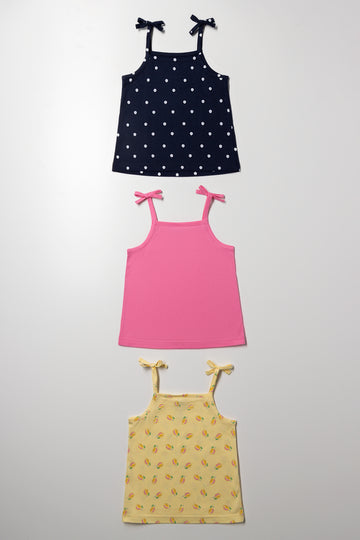 3 Pack Strappy Vests Yellow, Navy And Pink
