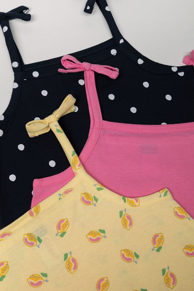 3 Pack Strappy Vests Yellow, Navy And Pink (1)