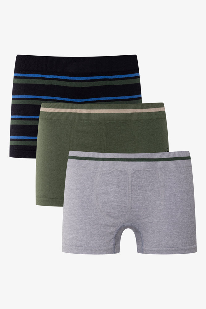 3 Pack Seamless Boxers Black, Green And Grey