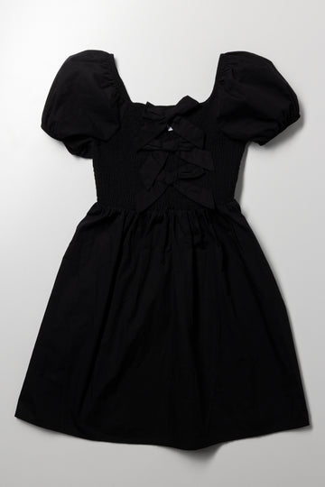 Bow Detail Puff Sleeve Dress Black