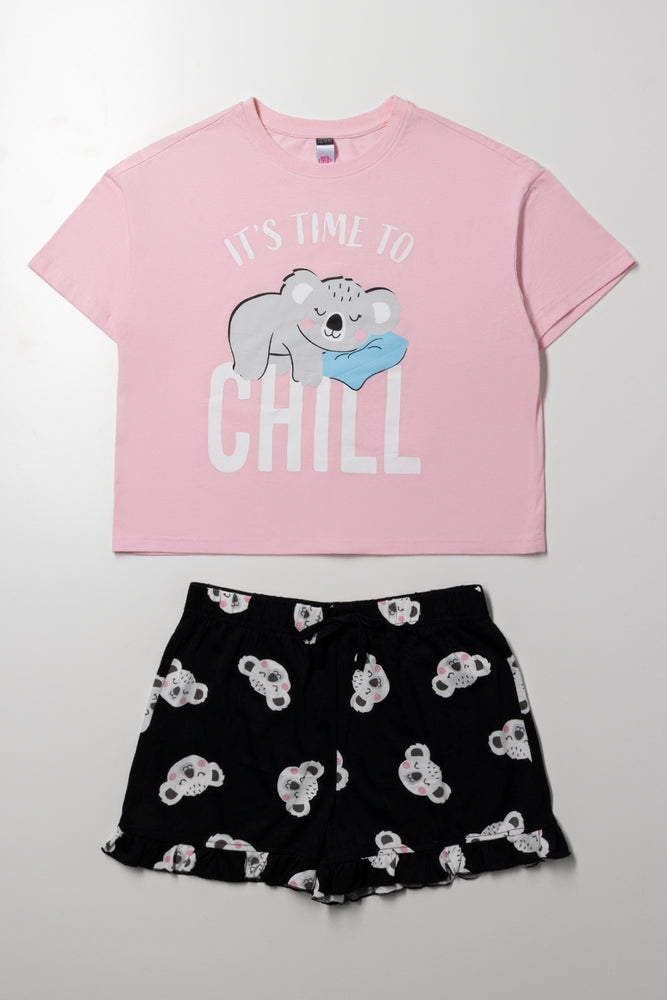Time To Chill Shorts Pyjama Set Pink And Black
