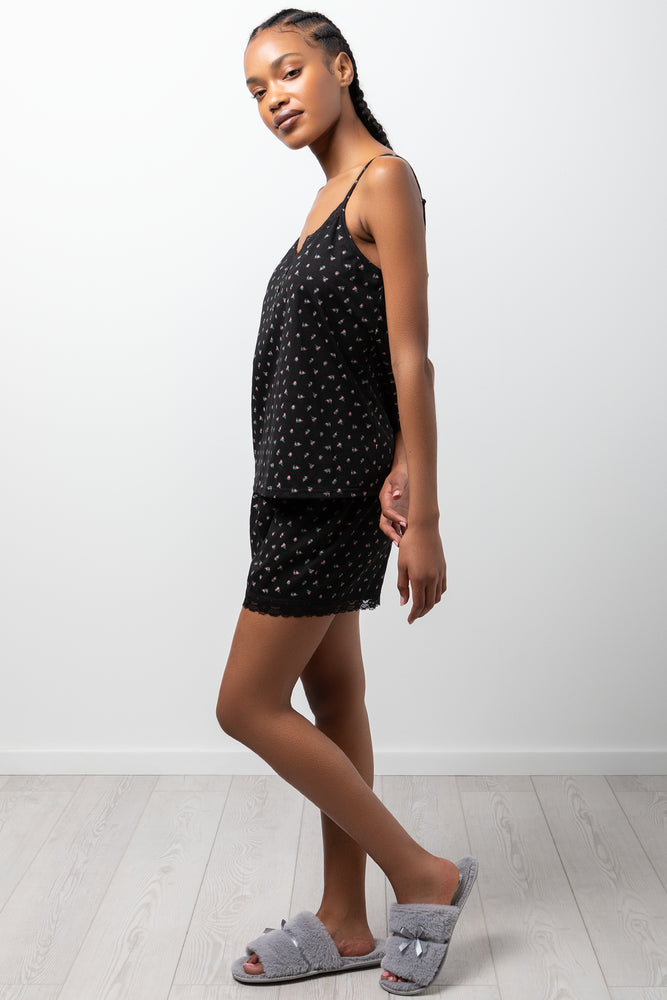 Ditsy Floral Lace Trim Cami Black (1)