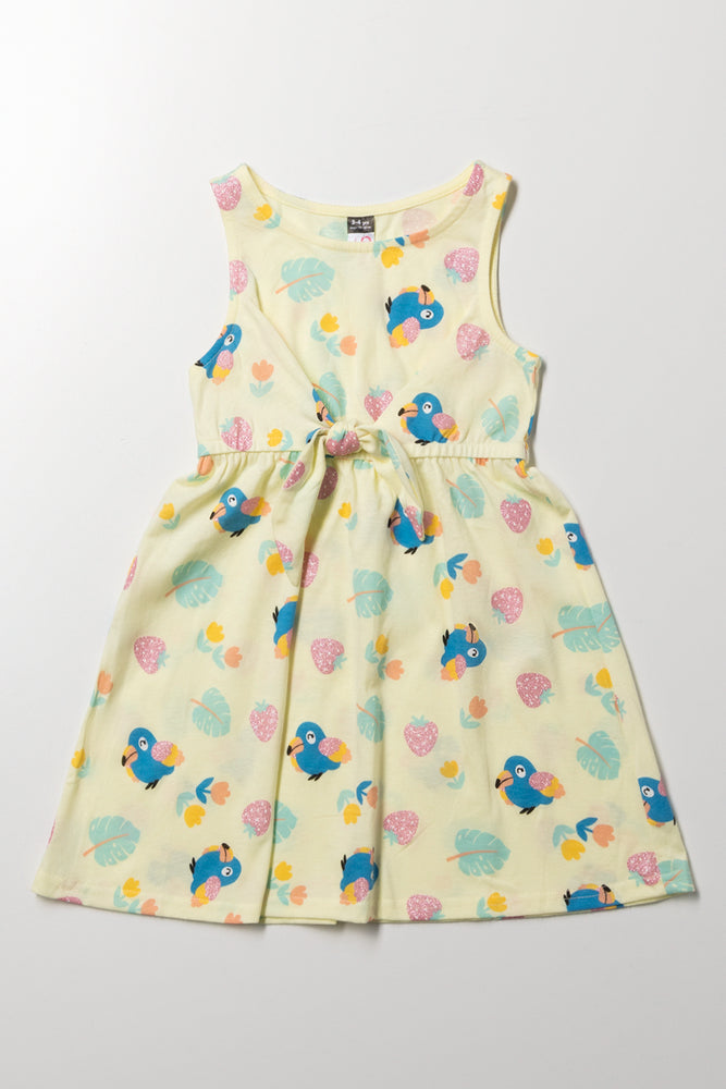 Tropical Sleeveless Dress with Front Tie Yellow