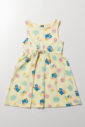 Tropical Sleeveless Dress with Front Tie Yellow
