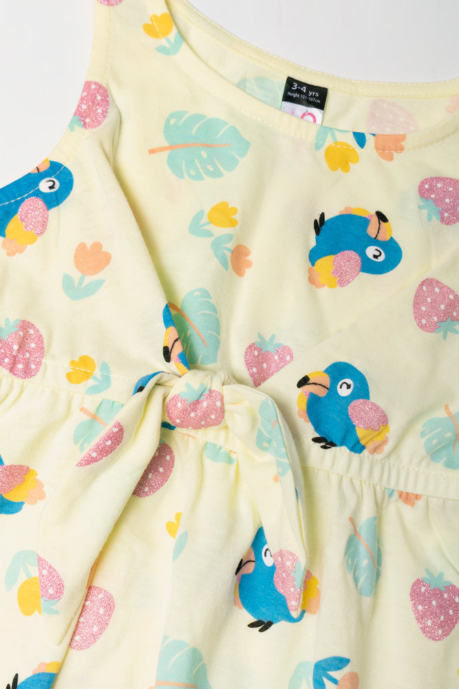 Tropical Sleeveless Dress with Front Tie Yellow