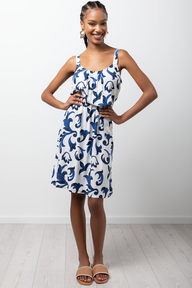 Wide Strap Elastic Dress Blue & White