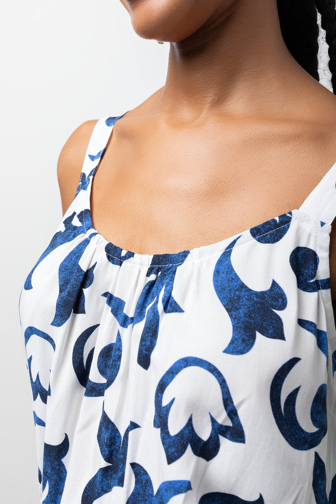 Wide Strap Elastic Dress Blue & White (3)