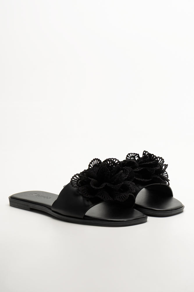 Flower Trim Mule Sandals Black