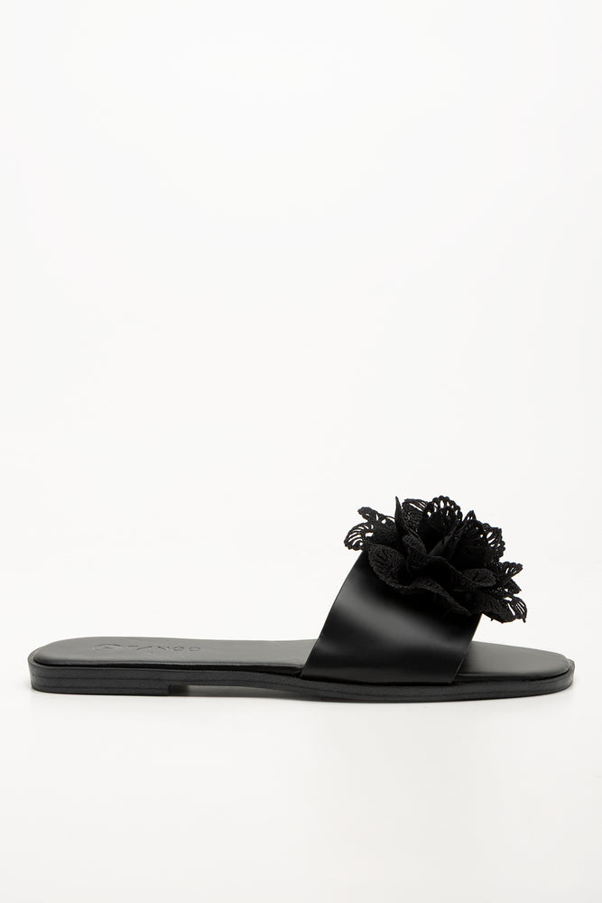 Flower Trim Mule Sandals Black (1)