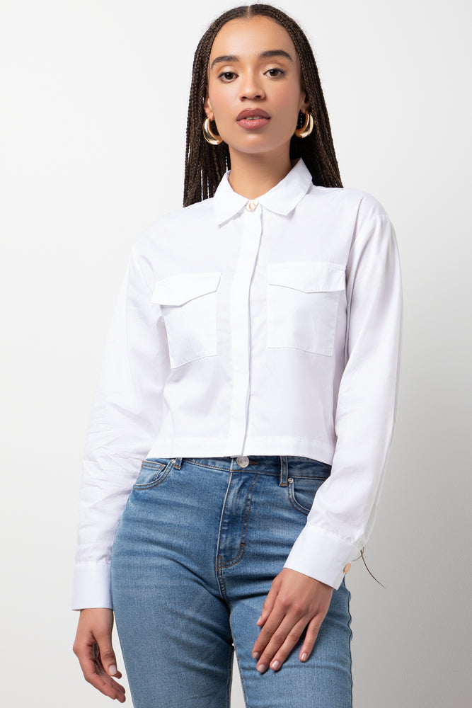 Cropped Shirt with Pockets White