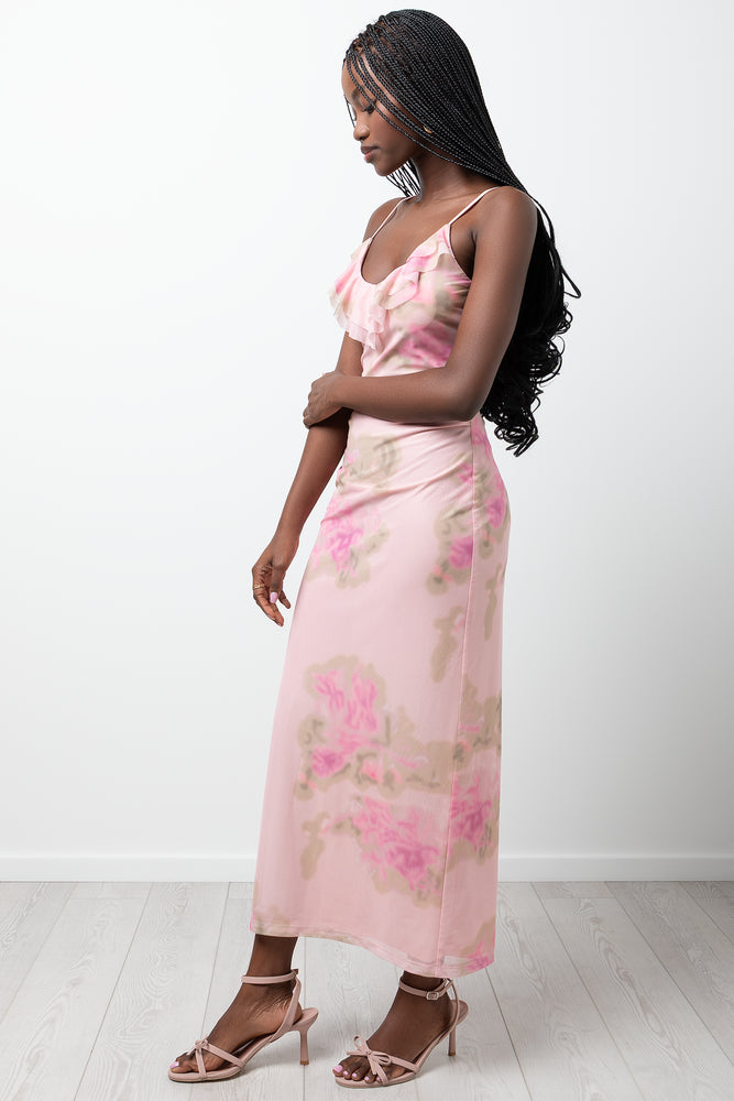 Floral Mesh Maxi Dress Pink