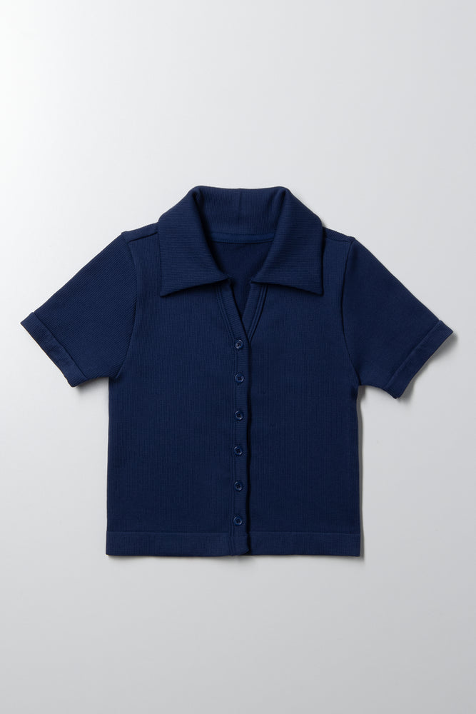 Seamless Button Down Collar Top Navy