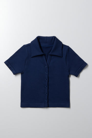 Seamless Button Down Collar Top Navy