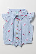 Front Tie Stripes And Cherries Top Blue