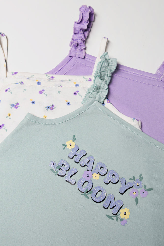 3 Pack Strappy Vests Purple, Green And Sage