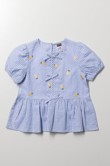 Lemon Peplum Bow Tie Top Blue