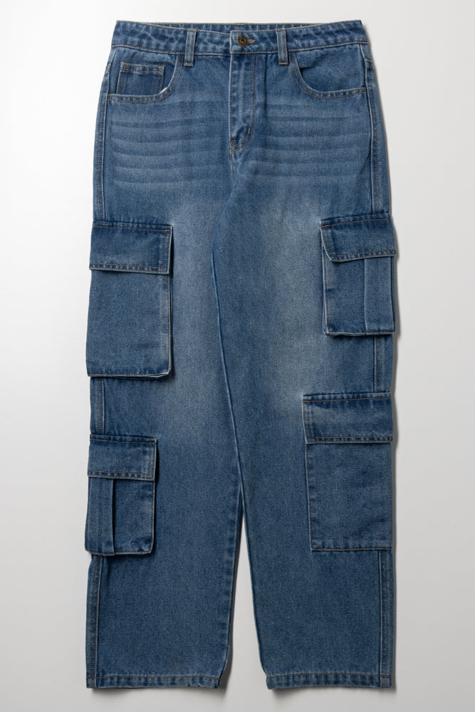 Cargo Straight Leg Denim Jeans Blue