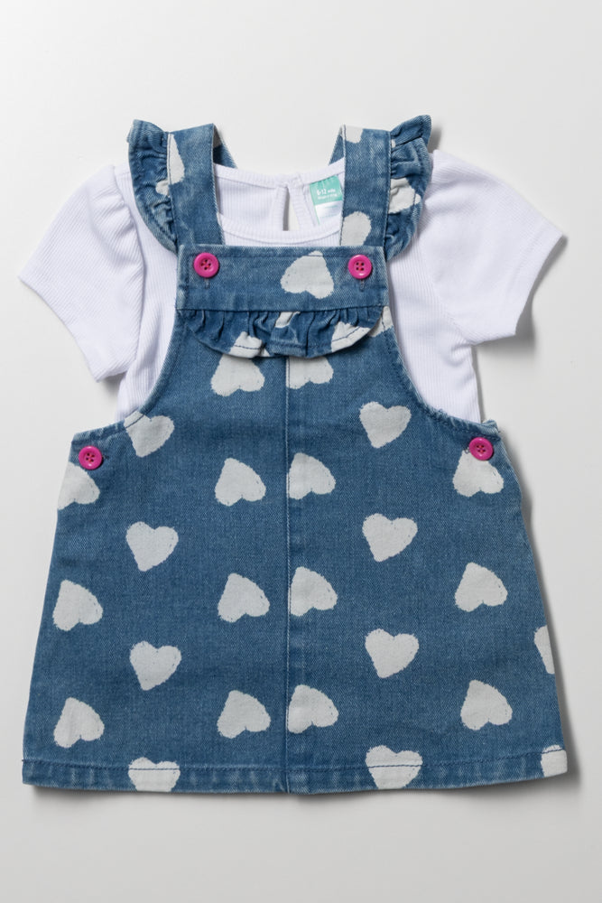 Denim Pinafore With T-Shirt Set Blue And White