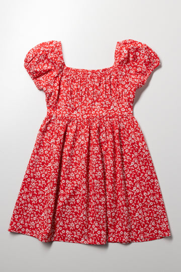 Ditsy Puff Sleeve Dress Red