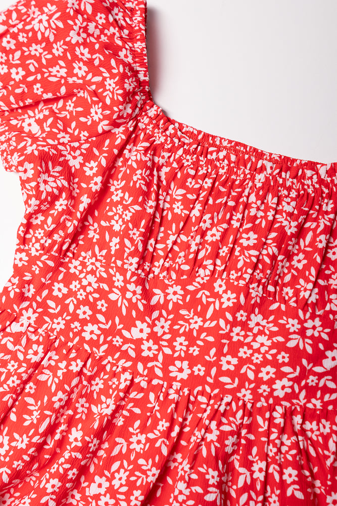 Ditsy Puff Sleeve Dress Red (1)