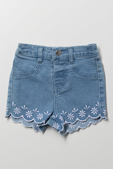 Embroidered Denim Shorts Blue