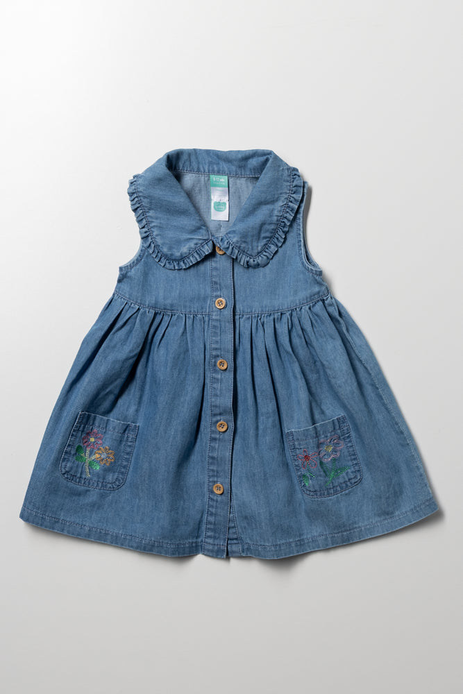 Denim Dress With Collar Blue