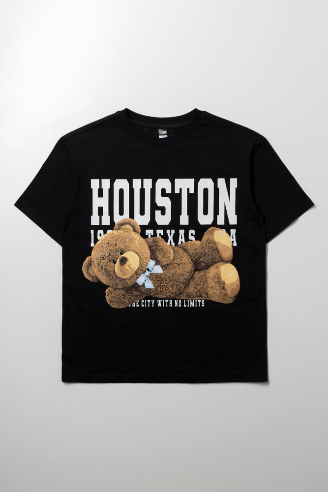 Oversized T-Shirt with Teddy Bear Print Black