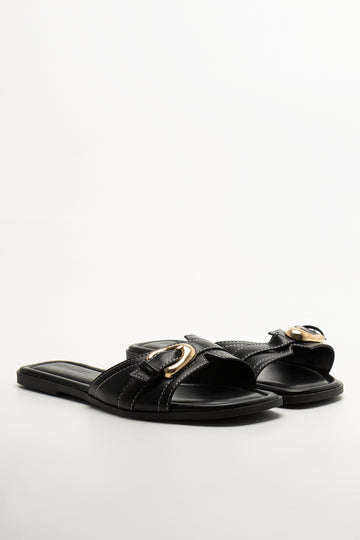 Buckle Trim Mule Sandals Black