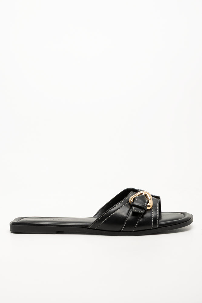 Buckle Trim Mule Sandals Black