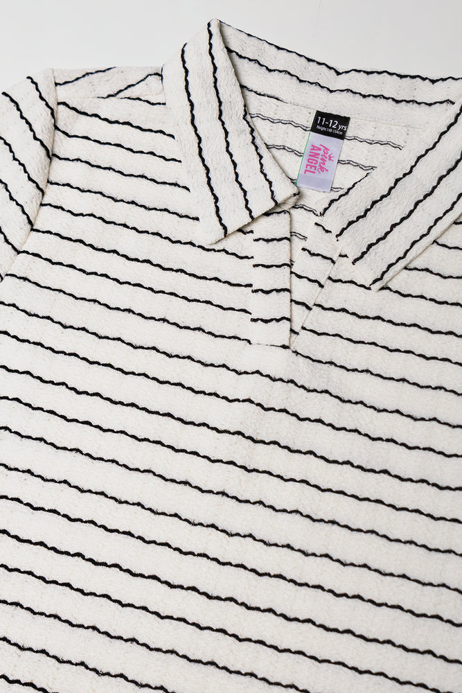 Stripe Collar Crochet Top Cream