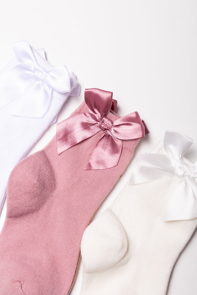 3 Pack Bow Anklet Socks White, Pink And Cream