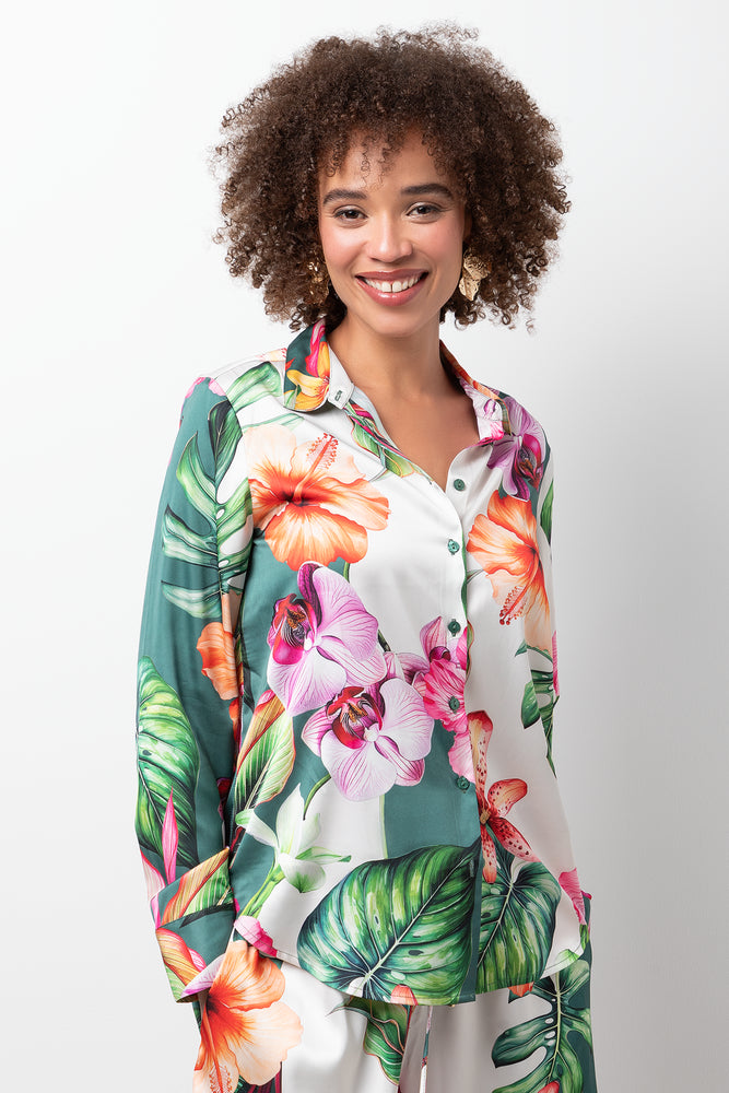 Long Sleeve Floral Satin Shirt Multi