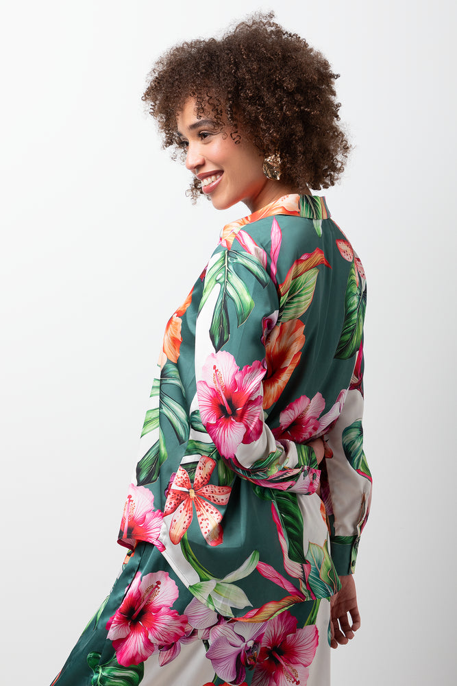 Long Sleeve Floral Satin Shirt Multi