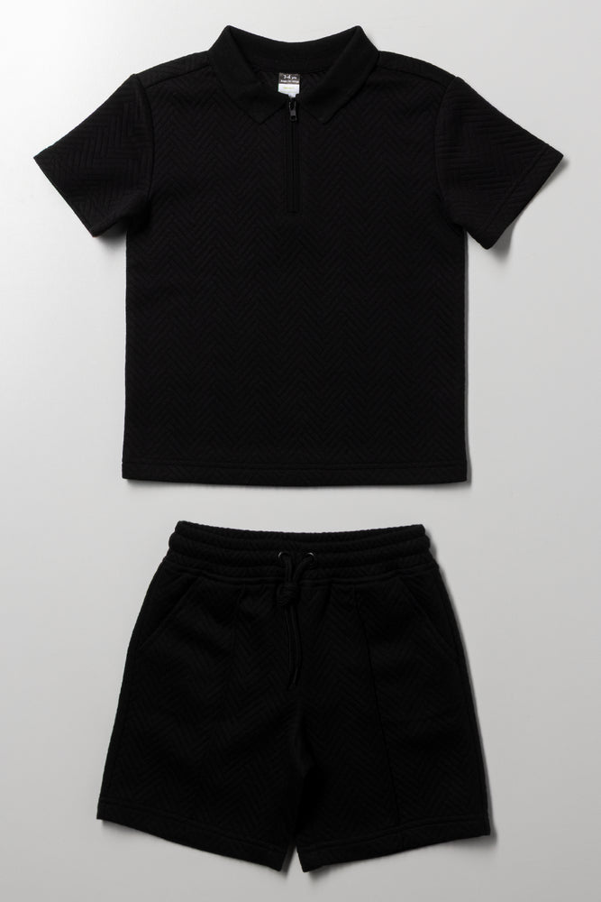 Textured Golfer And Shorts Set Black