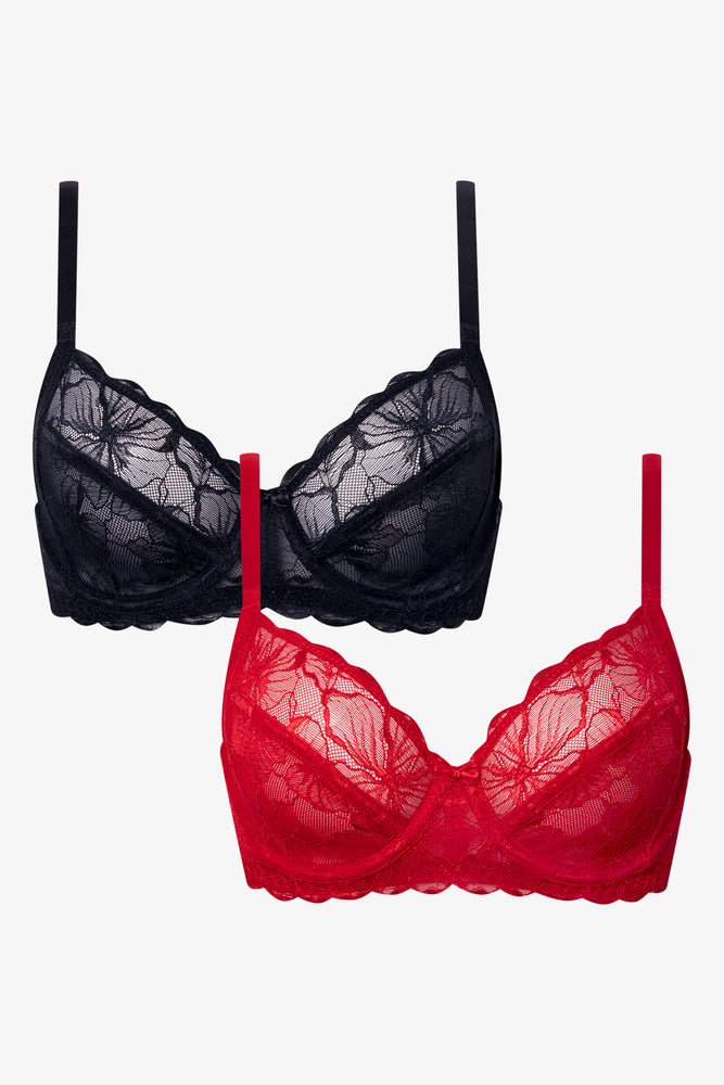 2 Pack Lace Non Padded Underwire Bras Black And Red (1)