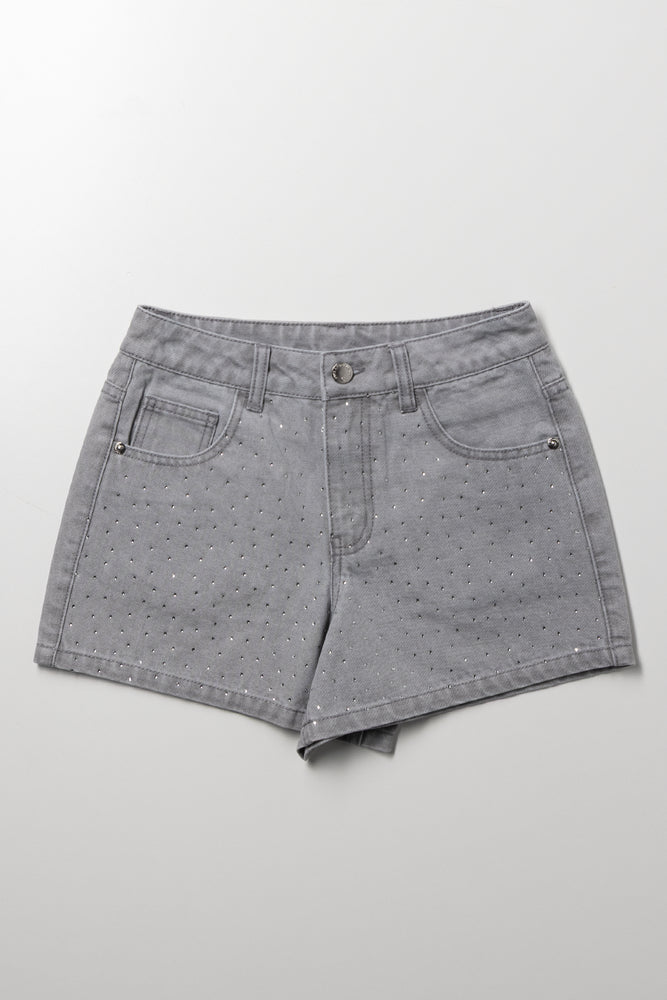 Stud Denim Shorts Grey