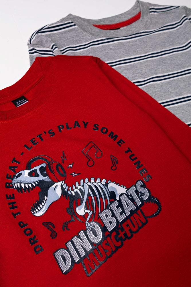 2 Pack Dinosaur Stripe Long Sleeve T-Shirts Grey And Red
