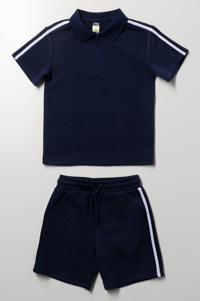 Stripe Trim Golfer And Shorts Set Navy