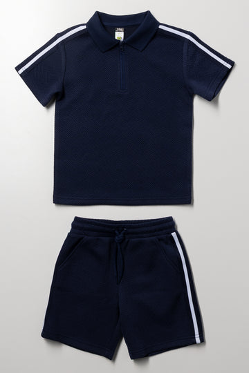 Stripe Trim Golfer And Shorts Set Navy