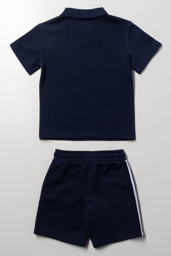 Stripe Trim Golfer And Shorts Set Navy (3)