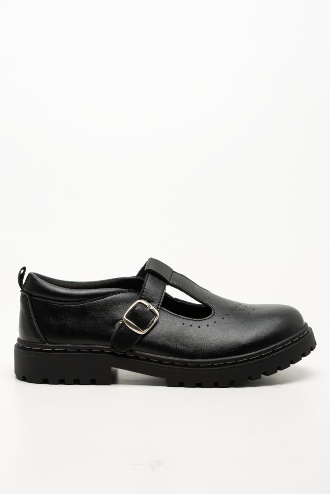 Girls Rugged Leather School Shoes Black